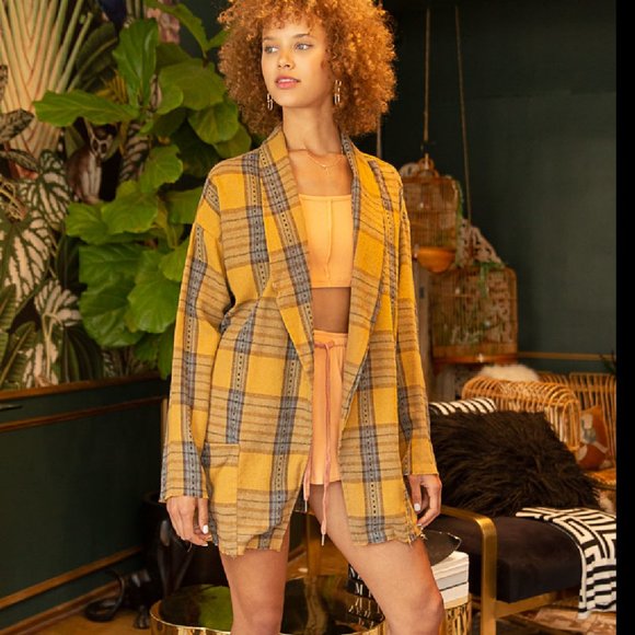 POL Oversized Boho Yellow and Blue Plaid Blazer Jacket - Picture 4 of 11